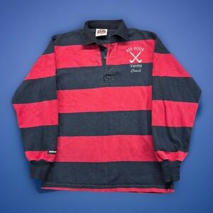 VTG Barbarian Red Gray Striped Long Sleeve Rugby Wear Polo Shirt Mens Small